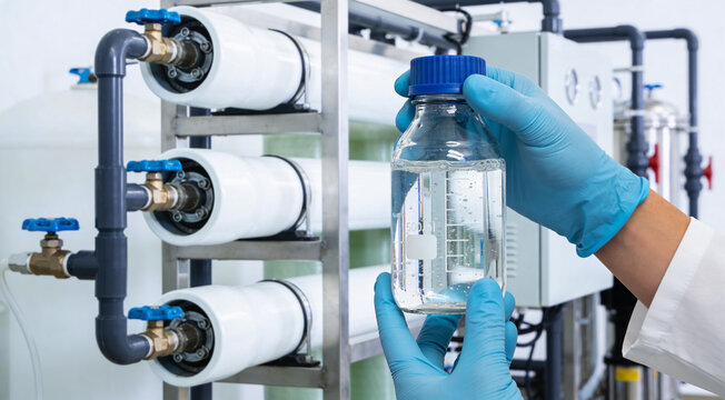 Scientist holding sample bottle near water purification system