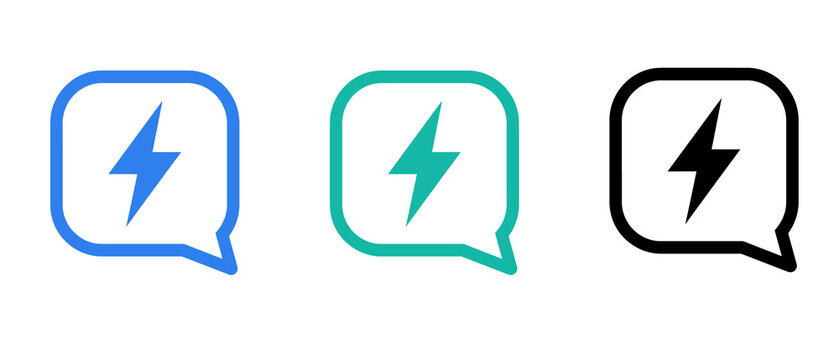 Three colorful speech bubble icons with lightning bolt symbols for fast communication and alert