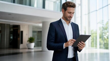 Fototapeta premium Successful businessman using digital tablet in modern office lobby
