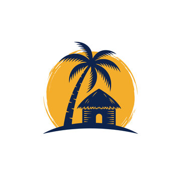 Minimalist tropical beach hut and palm tree logo