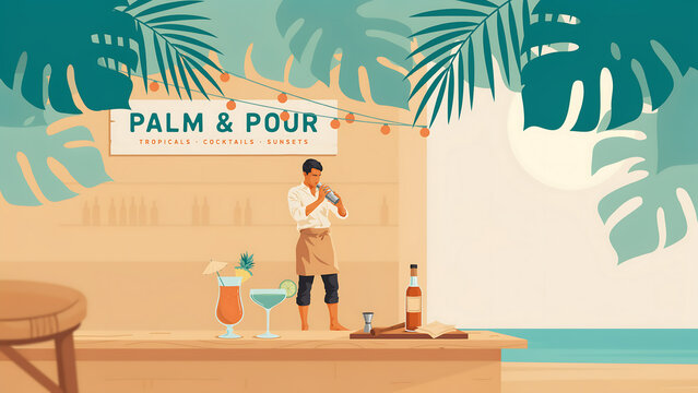 Tropical beach bar illustration with bartender, Palm and Pour cocktail lounge aesthetic, summer vacation resort scene with palm leaves