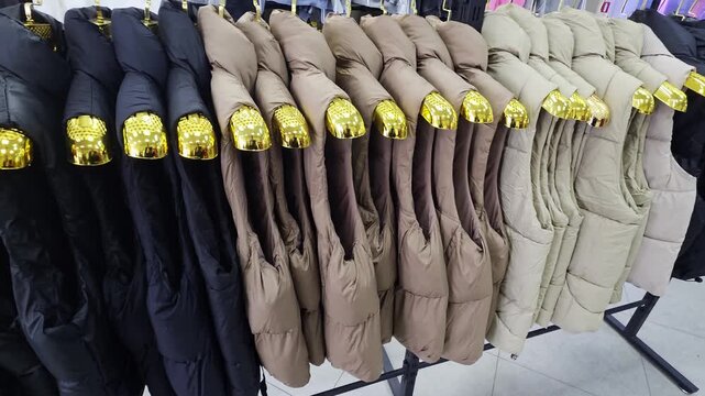 Collection of various colored puffer jackets and vests arranged on gold hangers in retail clothing store, showcasing outerwear fashion for cold weather.