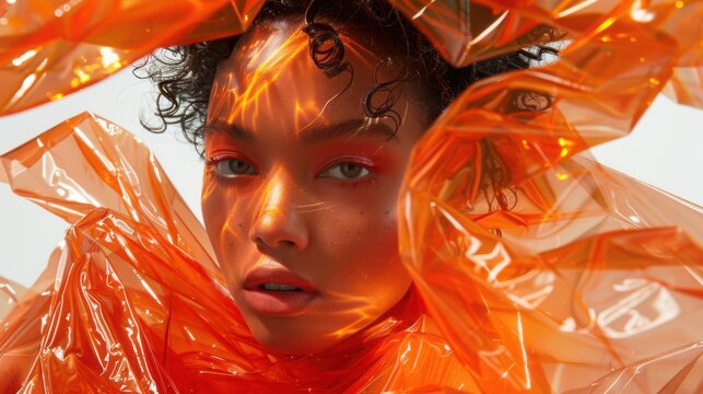 Woman poses behind a translucent orange plastic sheet that creates distorted light patterns on her skin and face in this artistic studio portrait that features ample copy space for graphic design.