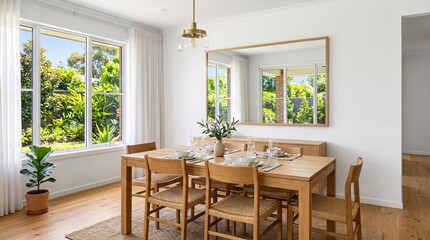 Spacious dining area with wooden furniture and wall mirror. © RK graphics