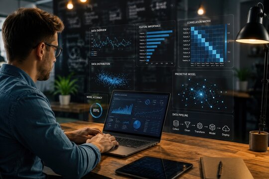 Focused data analyst working in a bright contemporary workspace enhanced with holographic data visualizations, combining realistic office photography and futuristic digital art.