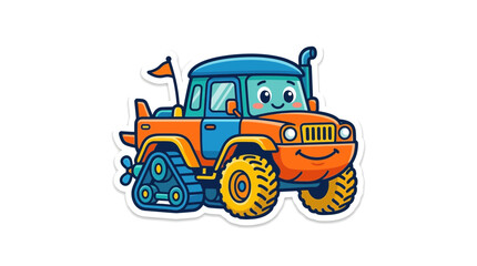 Cute Cartoon Monster Truck Sticker with Friendly Face and Tank Tracks Vector Illustration © khakim