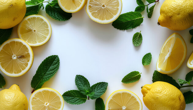 Fresh yellow lemon slices and green mint leaves arranged as a frame border on white background with copy space, flat lay citrus food concept top view