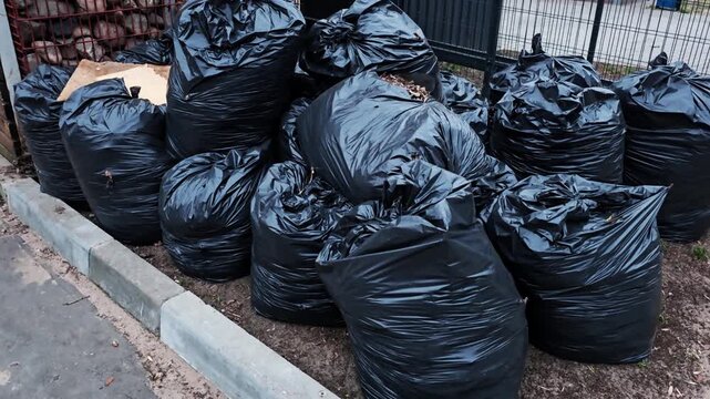Black plastic garbage bags piled next to sidewalk curb, ready for collection, showing environmental waste disposal challenge and urban cleanliness issues, outdoor setting