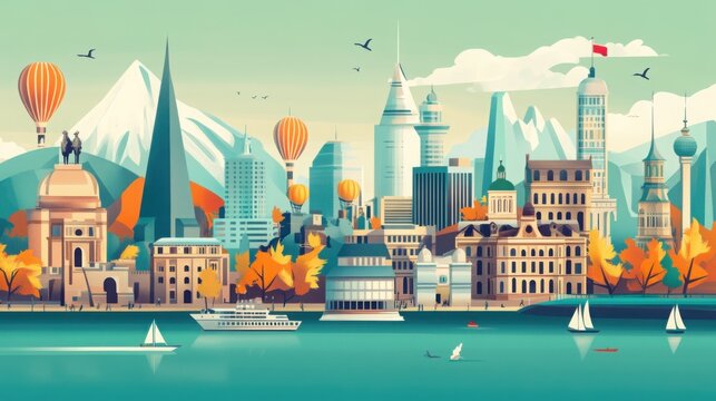 Skyscraper city skyline features modern architecture and mountains under a bright sky with hot air balloons floating above the calm water in a peaceful urban landscape scene for travel and tourism.