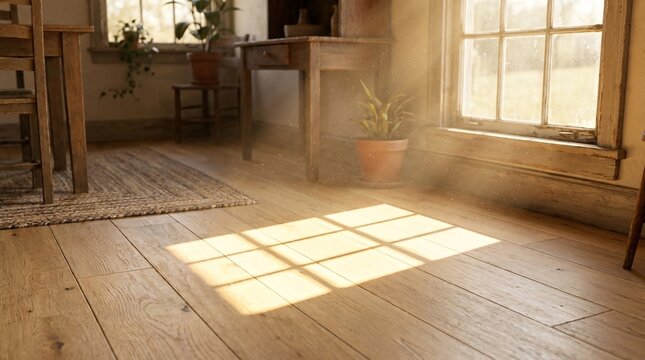 Sunbeams entering window onto wooden floor interior.