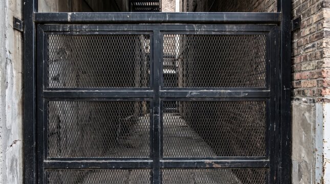 View of a narrow alley with a metal gate in a city area during daytime