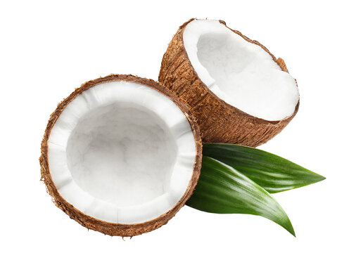 Two halved broken coconuts with green leaves, isolated on transparent cutout background