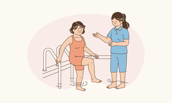 Elderly Doing Low Impact Aquatic Exercise in Warm Pool with Handrails Supervised Vector