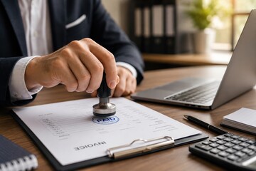 Fototapeta premium Close-up of a business professional stamping an invoice in a modern office workspace. Realistic corporate scene with documents, laptop, and office desk, symbolizing approval, accounting, finance, admi