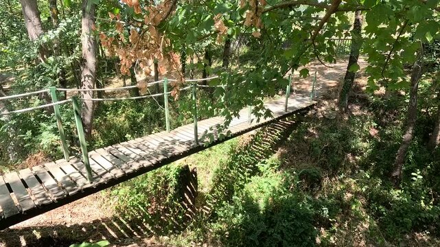 Suspension footbridge over dry riverbed with dead leaves, France