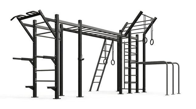 Modern outdoor fitness calisthenics rig with monkey bars, pullup bars, gymnastic rings, and climbing ladder isolated on white background