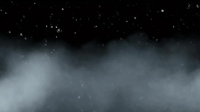 Dense cold mist drifting with light snow isolated on black background 
