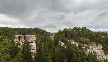 Fototapeta premium Panoramic view of sandstone rock formations and green pine forest in Bohemian Paradise national park, Czech Republic