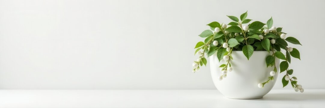 Lustrous pearl garland cascading from a pristine white planter, isolated backdrop , shine, round