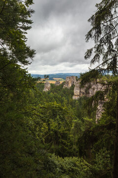 Panoramic view of sandstone rock formations and green pine forest in Bohemian Paradise national park, Czech Republic
