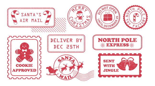 Mail stamp from north pole with Santa and his flying sleigh. Vintage postage design with Christmas holiday reindeer, postmark seal and retro border element for greeting card delivery.