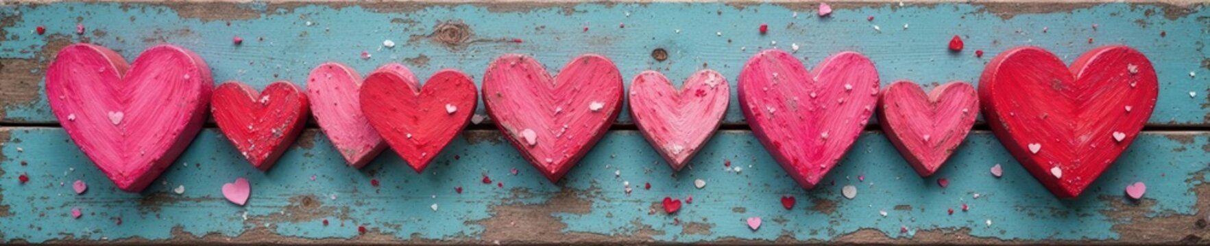 Many small hearts painted on weathered wood panel, Valentines Day , valentines, background, crafts