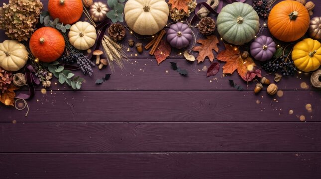 Halloween autumn pumpkins and gourds on dark wooden background