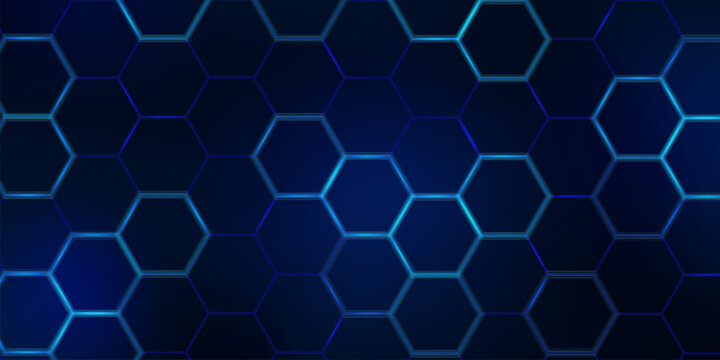 Background with hexagon shield pattern and tech design. Blue honeycomb abstract grid in protective backdrop with geometric glow. Modern cyber mesh texture and futuristic digital elements for security.