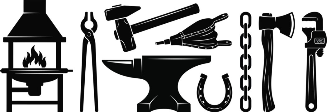 Blacksmith tools collection including anvil hammer bellows and horseshoe vector graphic set design.