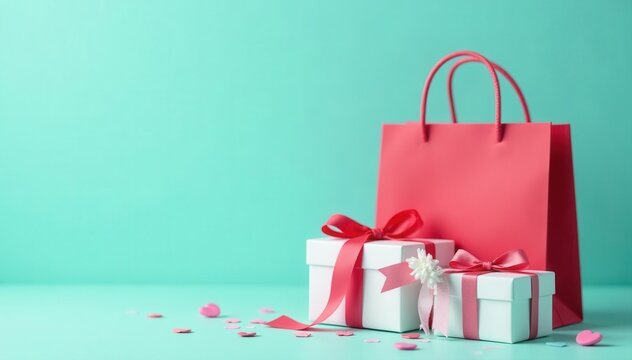 Pastel turquoise background, red bag, three white gift boxes with bows & eustomas, heart confetti , online, decoration, presents