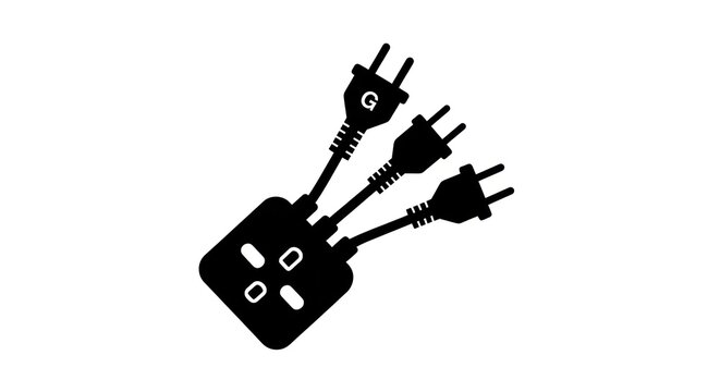 Multiple electrical plugs connected to a power adapter on a white background.