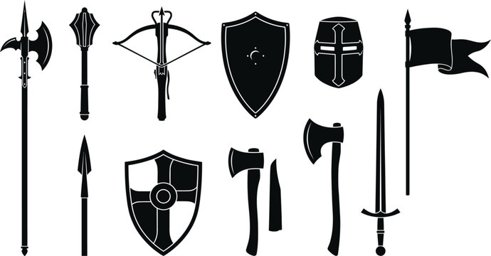 Medieval weapon and knight armor silhouette collection including sword shield helmet and battle axes.
