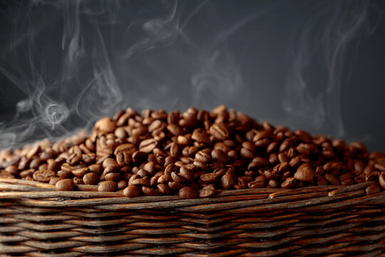 Fresh roasted coffee beans in old basket.