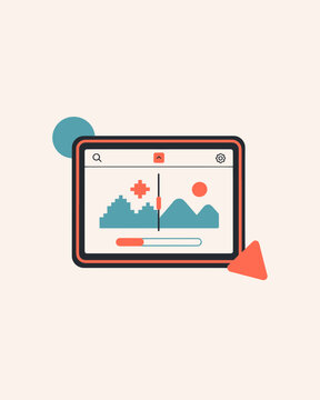 Tablet screen showing an image comparison slider between a pixelated city landscape and a smooth mountain vista to demonstrate resolution enhancement in flat vector art