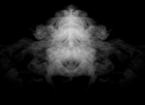 Symmetrical white smoke isolated on black background with abstract mirrored vapor pattern, realistic fog texture, dramatic atmospheric effect for overlays, visual effects, digital compositing, and cre