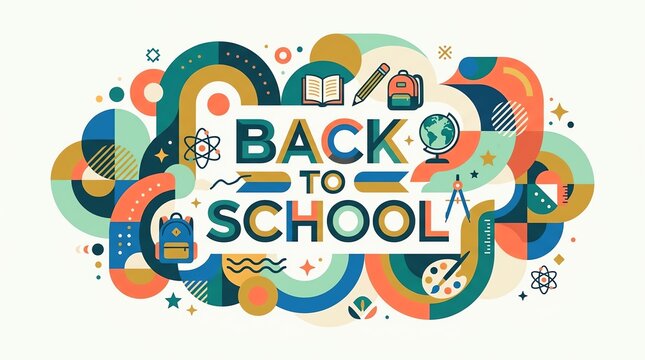 Colorful back to school background with educational icons and abstract geometric shapes for student learning materials