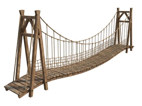 A wooden suspension bridge with rope railings isolated on white background