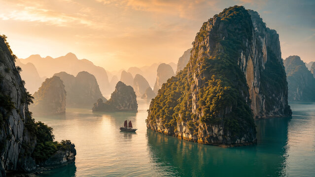 Scenic Limestone Karsts Landscape with Sailboat at Sunrise in Ha Long Bay