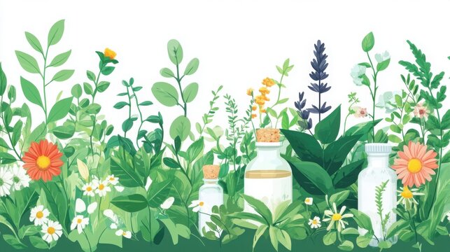 Glass bottles containing essential oils sit among a variety of vibrant wildflowers and aromatic herbs as a decorative border illustration representing natural beauty products and organic skincare.