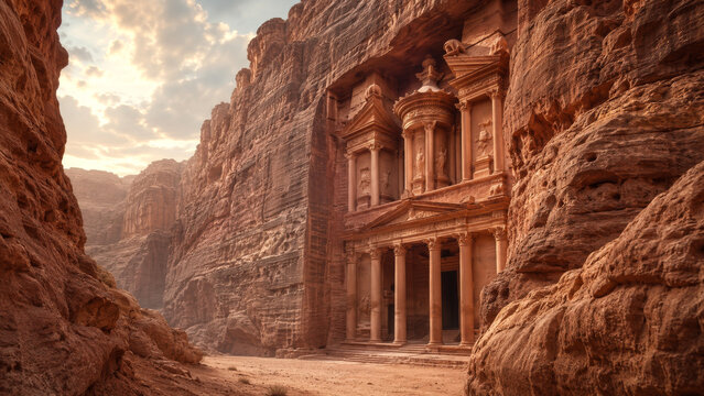 Ancient Nabataean Treasury Building Carved into Rose Rock Cliff Face at Petra Jordan