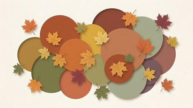 Abstract composition of overlapping colorful circles and autumn leaves in a warm seasonal fall color palette