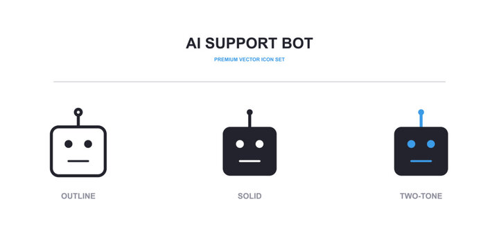 Ai support bot vector icon set in outline, solid, and twotone styles