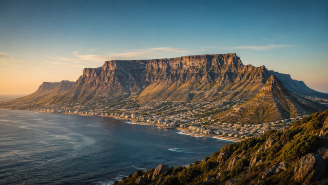 Mountain Landscape Scenic View with Cityscape and Ocean Under Golden Hour Sky