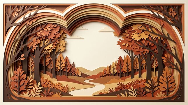 Layered paper cut art depicting a beautiful autumn landscape with trees and a winding river path