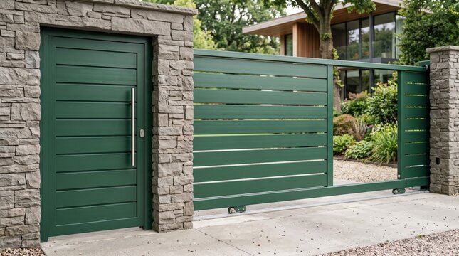 Modern green gate design at a residential home with landscaping in the background