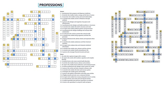 Crossword puzzle featuring various professions with clues and answers  