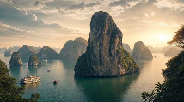 Golden Hour Sunset over Halong Bay Limestone Karsts with Cruise Ships Sailing