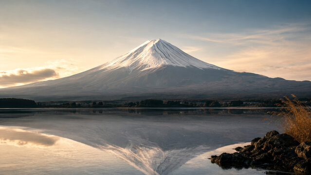 Majestic Snow Capped Mountain Reflected in Calm Lake at Sunset Landscape