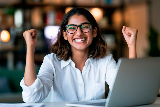 Woman, ecommerce and excited with laptop for sales negotiation, product investment or client growth. Indian, person and happiness for business meeting, profit celebration or logistics target at work