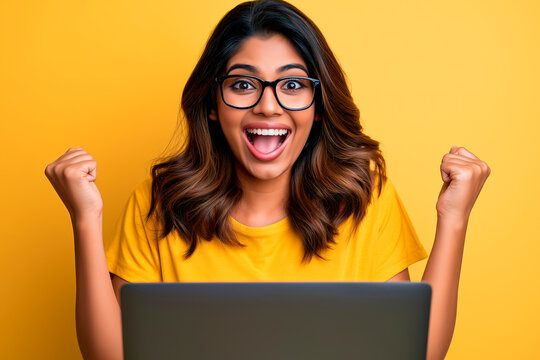 Woman, ecommerce and excited with laptop for sales negotiation, product investment or client growth. Indian, person and happiness for business meeting, profit celebration or logistics target at work